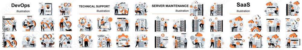 Leinwandbilder mega set flat design concept devops, saas, technical support, server maintenance with people charact