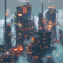 This image depicts a futuristic industrial cityscape at night, illuminated by neon lights and surrounded by fog