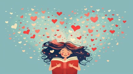 Girl Reading Book With Hearts Floating