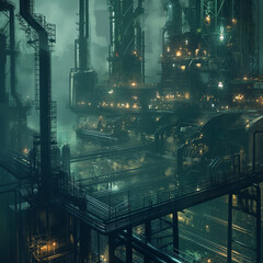 This image depicts a nocturnal industrial landscape, bathed in an eerie green light and shrouded in mist