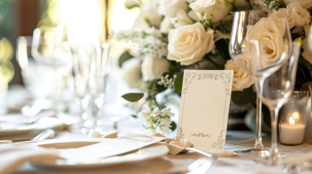An opulent wedding reception table set with a pristine white floral arrangement, fine glassware, and a sophisticated menu awaiting guests...