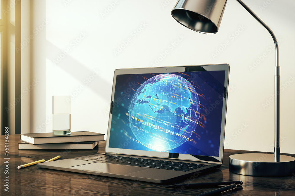 Leinwandbilder modern computer display with abstract programming language hologram and world map, artificial intell