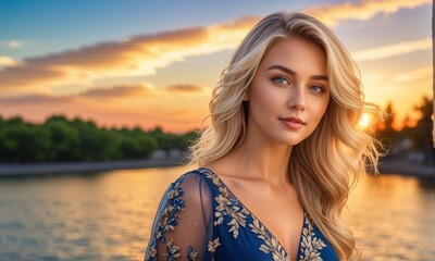 Close up portrait of beautiful young woman on sunset background. Ecology and environment concept	
