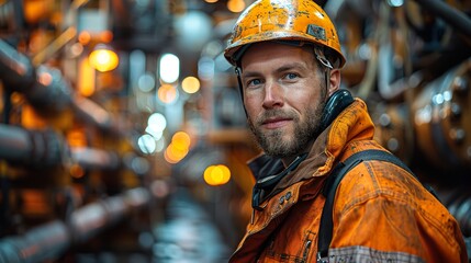 Portrait of an oil rig worker at sea. Ai generative