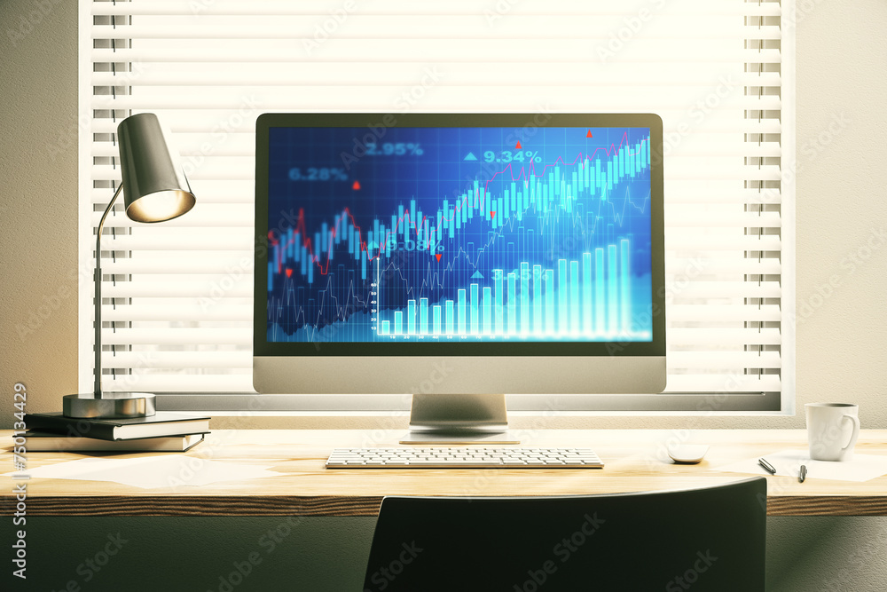 Poster modern computer screen with abstract financial diagram, banking and accounting concept. 3d rendering