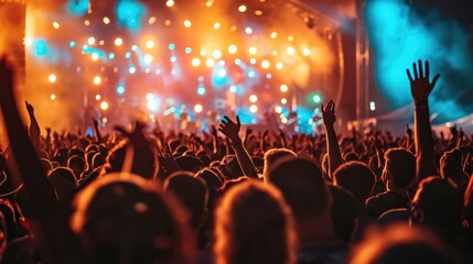 A vibrant crowd of music fans immersed in the excitement of a live concert, with stage lights...