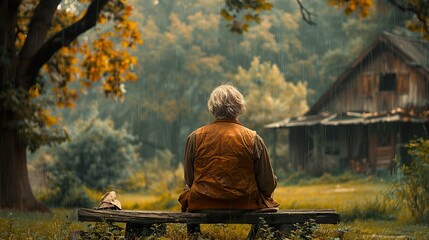 An old man sits on a bench in his village. Generative AI