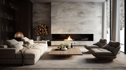 A modern living room with a statement lighting piece that creates a focal point