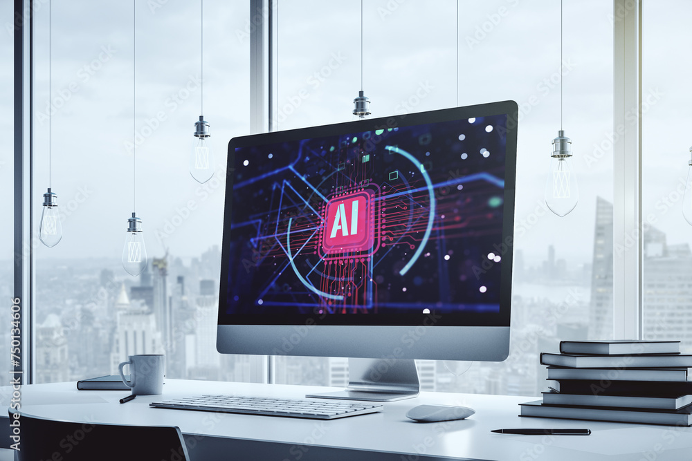 Leinwandbilder Computer monitor with creative artificial Intelligence abbreviation. Future technology and AI concept. 3D Rendering