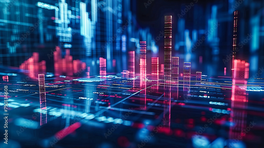 Poster futuristic cityscape intertwined with digital networks, illustrating the blend of architecture and t