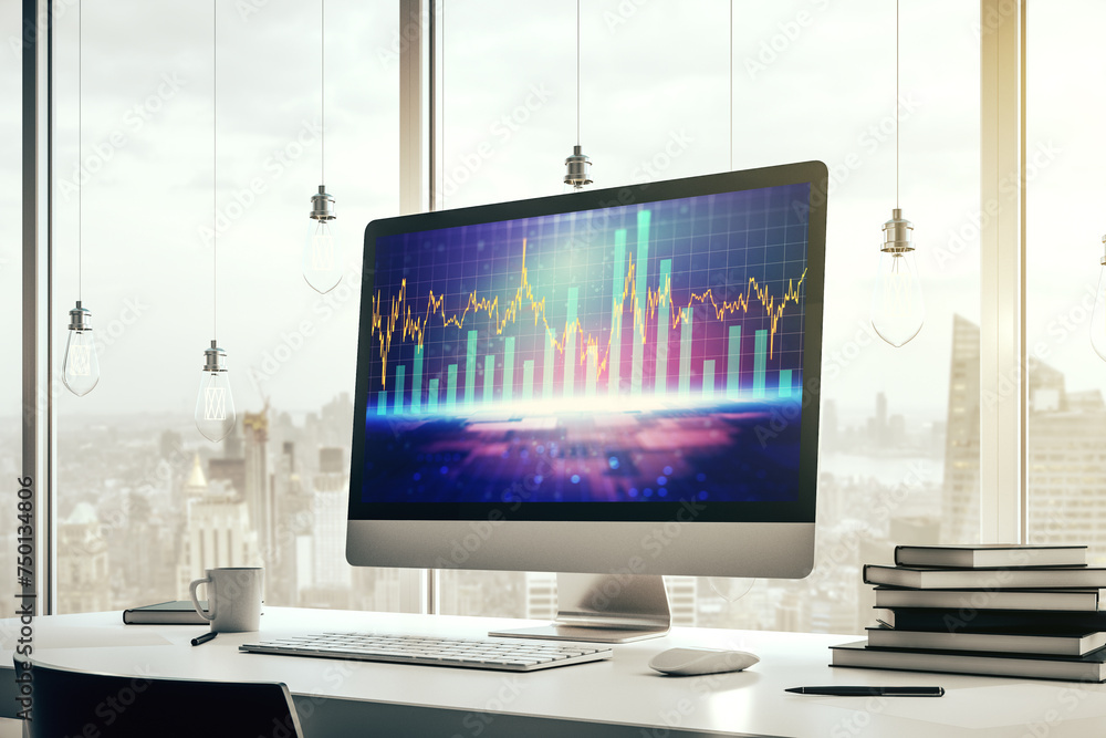 Poster modern computer screen with abstract creative financial chart, research and analytics concept. 3d re