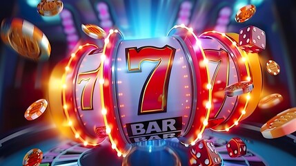 A big win 777 jackpot with prizes and coins in the background.
