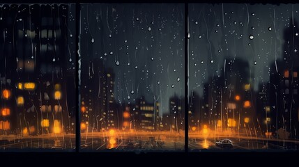 Rain wets the window against the backdrop of an autumn night cityscape.
