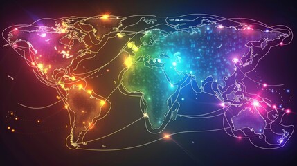 Global Map Illuminated With Neon Lights