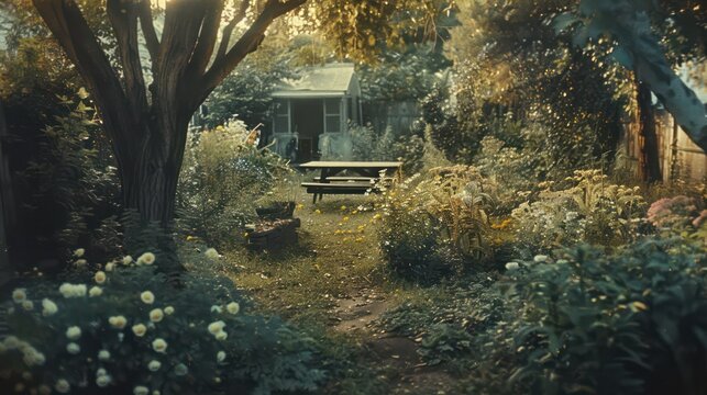 Vintage photos of home gardens from the past evoke an old-fashioned charm, mysterious, horror, with serene colors that recall Polaroid pictures.