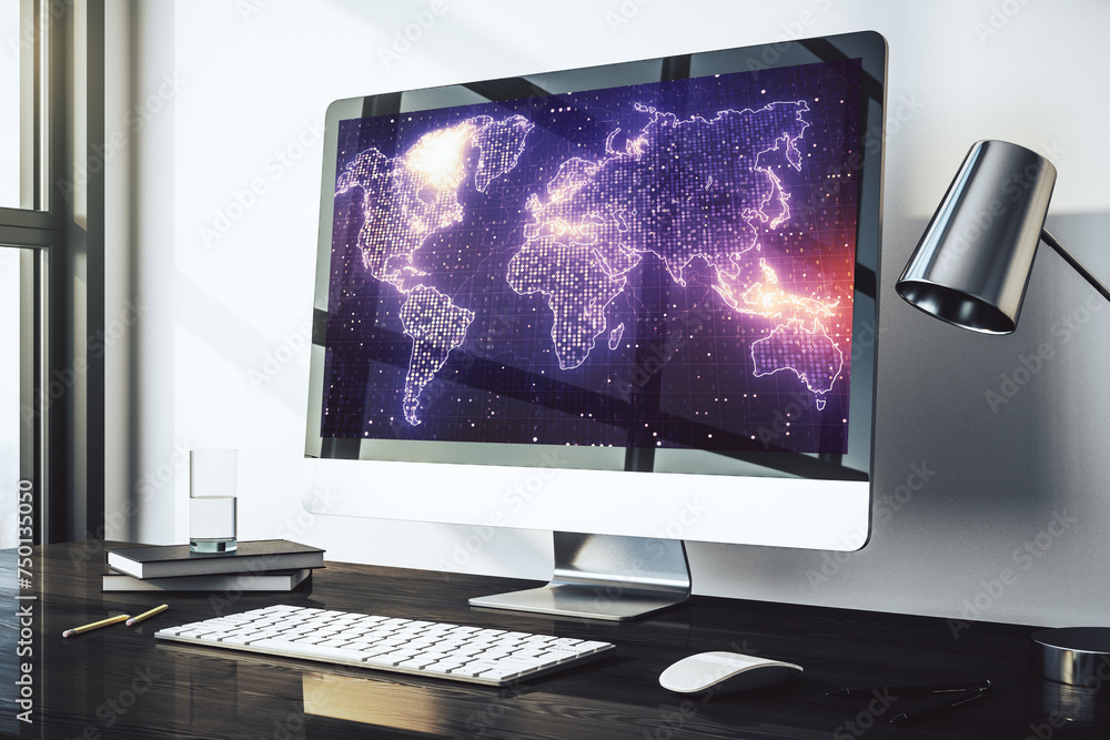Poster Modern computer screen with abstract creative digital world map, research and analytics concept. 3D Rendering