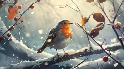 A charming robin perched on a snow-covered branch, contrasting with the winter landscape. - obrazy, fototapety, plakaty