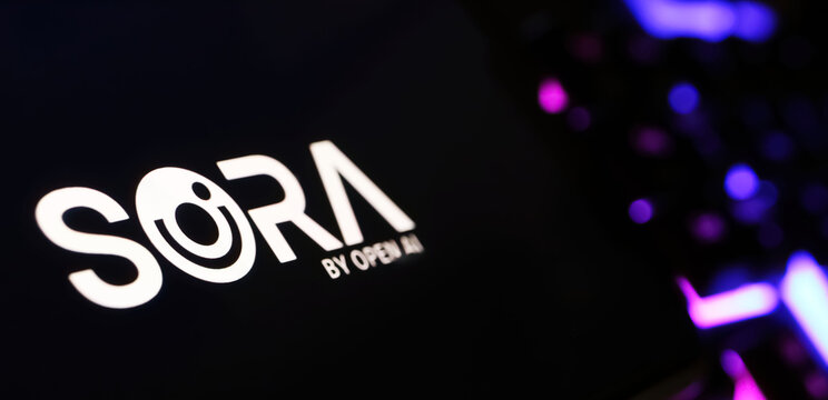 Viersen, Germany - February 9. 2024: Closeup of Smartphone screen with logo lettering of open AI OpenAI Sora video creator tool on computer keyboard