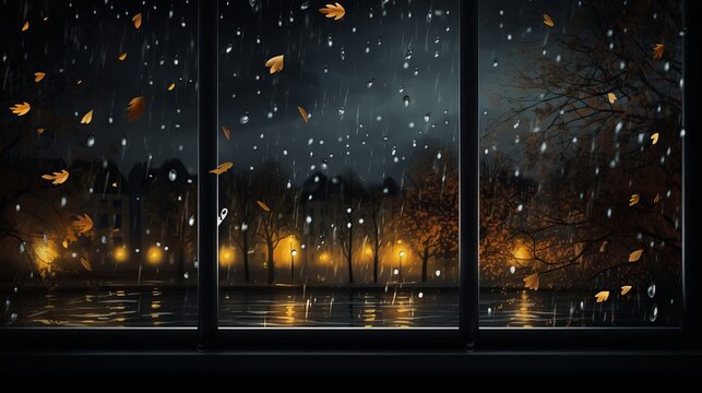 Rain wets the window against the backdrop of an autumn night cityscape.