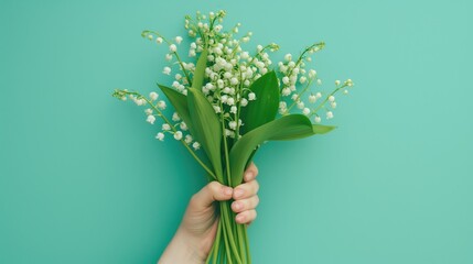 A hand presents a bouquet of Lilies of the Valley against a blue background with text celebrating May Day, Labor Day
