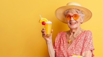 Older Woman in Straw Hat With Glass of Orange Juice