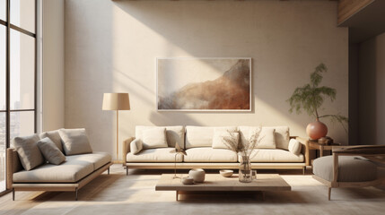 A modern living room with textured walls, a beige couch, and a wood media console