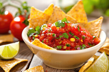 Vibrant red salsa accompanied by crispy corn tortilla chips