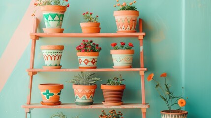 A close-up of vibrant hand-painted terracotta pots arranged on wooden shelves