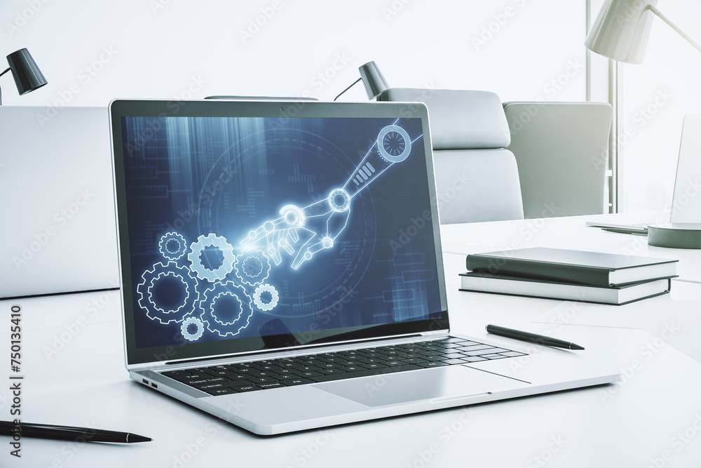 Aufkleber Creative abstract robotics technology hologram on modern computer monitor, artificial intelligence and machine learning concept. 3D Rendering