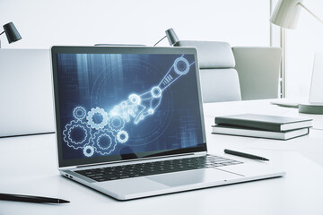 Creative abstract robotics technology hologram on modern computer monitor, artificial intelligence...