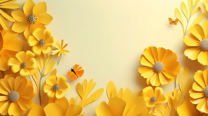 Spring summer yellow background with cut paper