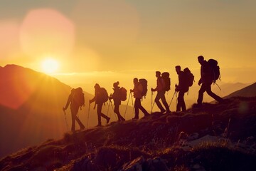 Group tourists of hiker sporty people walks in mountains at sunset with backpacks. Concept adventure