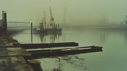 A Polaroid image of a harbor, conveying a vintage, old-school, nostalgic mood with muted hues.
