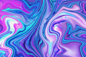 Liquid holographic surreal pattern. Abstract blue and pink wavy silk background. Modern liquid neon twisted line shapes in motion