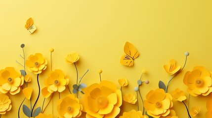 Spring summer yellow background with cut paper - obrazy, fototapety, plakaty