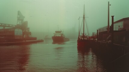 A Polaroid photo of harbor capturing a vintage, old-school, nostalgic atmosphere with muted colors