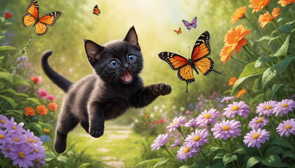 A playful black ginger kitten with striking blue eyes jumps joyfully, reaching for a delicate butterfly in the middle of a bright and colorful garden.