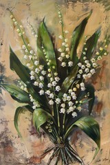 An expressive oil painting capturing the delicate beauty of a Lily of the Valley bouquet against a textured, abstract background