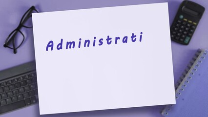 Administrative Professionals Day greeting card on blurred background of office supplies. Stop Motion for Administrative Assistants and Office Managers holiday.