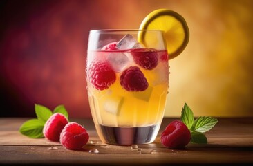 glass of non-alcoholic raspberry lemonade with mint, refreshing drink, detox water, fresh summer cocktail with ice, berry cocktail, beach bar