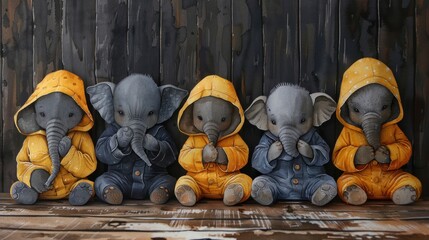 a group of three elephants sitting next to each other on top of a wooden floor in front of a fence.