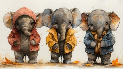 a group of three elephants standing next to each other in front of a white wall with orange leaves on it.