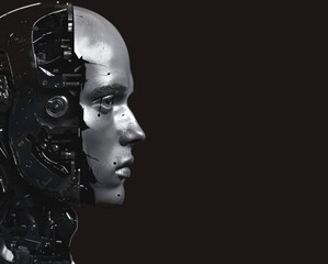 Portrait of a cyborg woman, robot head on a black background. Concept of technology, science, robotics, artificial intelligence. Copy space for text, message, logo, advertising	
