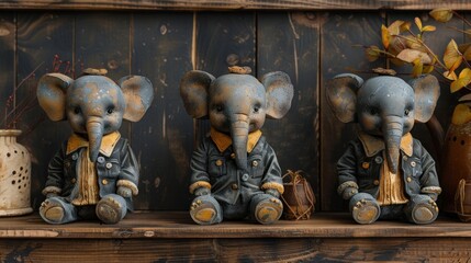three statues of elephants sitting on a shelf next to a vase and a vase with a plant on top of it. - obrazy, fototapety, plakaty