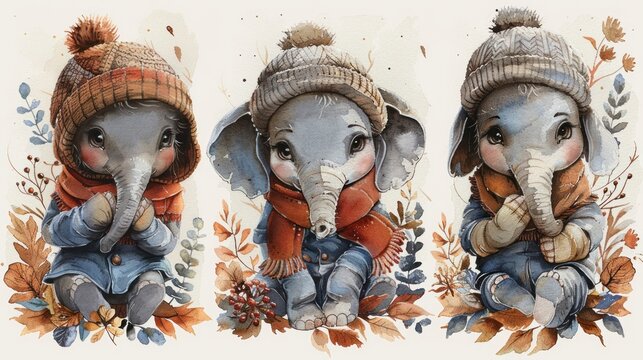 two pictures of an elephant with a hat and scarf on, and another picture of an elephant with a hat and scarf on.