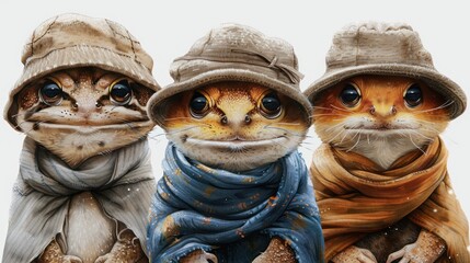 three cats wearing hats, scarves and scarves sitting next to each other in front of a white background.