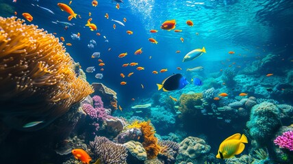 artificial intelligence image of a coral reef, with beautiful colors and even more beautiful wildlife and fish
