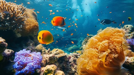 Fototapeta na wymiar artificial intelligence image of a coral reef, with beautiful colors and even more beautiful wildlife and fish