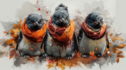 three birds with scarves and scarves on their heads are standing in front of a splash of orange leaves. - obrazy, fototapety, plakaty