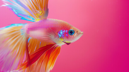A close-up of a lively guppy fish, its colorful tail and fins on full display against a solid fuchsia background. - obrazy, fototapety, plakaty